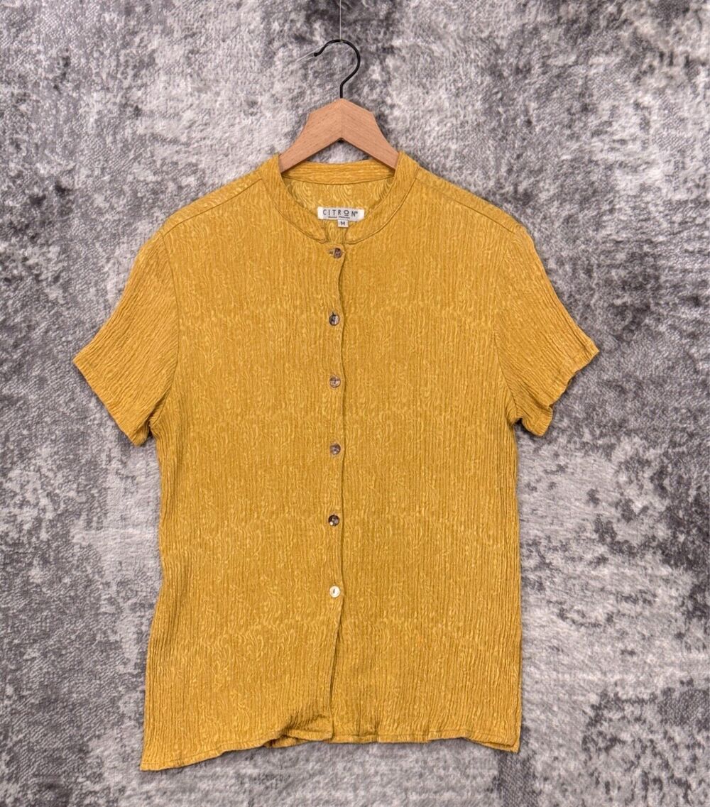 Citron Santa Monica Top Medium Womens Yellow Textured Button Up Blouse